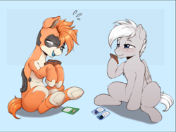 Size: 1142x858 | Tagged: artist needed, safe, imported from derpibooru, oc, oc only, oc:kiva, oc:snowy, pegasus, pony, robot, robot pony, card game, magic the gathering, simple background, sitting, smiling
