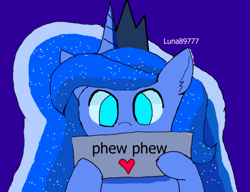 Size: 530x406 | Tagged: safe, artist:haie, imported from ponybooru, princess luna, alicorn, pony, crown, female, heart, jewelry, looking at you, mare, regalia, sign