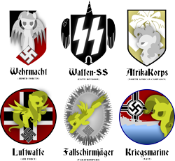 Size: 5320x4915 | Tagged: safe, artist:facelesssoles, imported from ponybooru, fluttershy, pinkie pie, rainbow dash, rarity, twilight sparkle, alicorn, earth pony, pegasus, unicorn, angry, fascist, nazi, shield, swastika