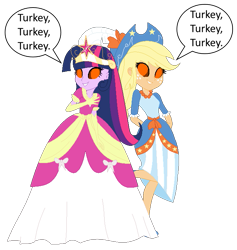 Size: 657x693 | Tagged: safe, artist:cartoonmasterv3, imported from derpibooru, applejack, twilight sparkle, alicorn, human, undead, zombie, equestria girls, clothes, coronation dress, dress, happy thanksgiving 2021, holiday, humanized, hypnojack, hypnolight sparkle, hypnosis, hypnotized, long dress, long skirt, mind control, simple background, skirt, thanksgiving, transparent background, twilight sparkle (alicorn)