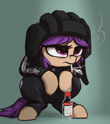 Size: 2224x2504 | Tagged: safe, artist:t72b, imported from derpibooru, oc, oc only, oc:tenk pone, earth pony, pony, adidas, adidas tracksuit, alcohol, cigarette, gopnik, helmet, high res, smoking, solo, squatting, stolichnaya, vodka