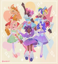 Size: 1069x1180 | Tagged: safe, artist:sweaturrr, imported from derpibooru, applejack, fluttershy, pinkie pie, rainbow dash, rarity, twilight sparkle, human, clothes, dark skin, dress, horn, horned humanization, humanized, magical girl, mane six, skirt, smiling, winged humanization, wings