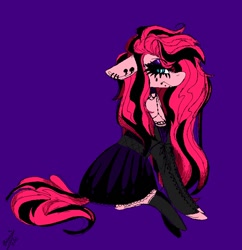 Size: 802x828 | Tagged: safe, artist:namiiarts, imported from derpibooru, earth pony, pony, back, black socks, clothes, ear piercing, earring, ears, goth, jewelry, lidded eyes, looking at you, piercing, skirt, socks, unamused