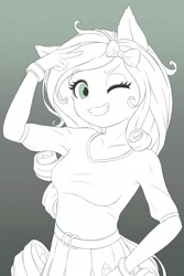 Size: 1280x1920 | Tagged: safe, artist:symbianl, imported from derpibooru, rarity, anthro, equestria girls, ambiguous facial structure, bracelet, breasts, clothes, female, gradient background, jewelry, monochrome, shirt, skirt, solo