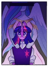 Size: 823x1200 | Tagged: safe, artist:stevetwisp, imported from derpibooru, princess celestia, twilight sparkle, alicorn, anthro, unicorn, censor bar, censored, clothes, dress, female, hands on shoulder, school uniform, shirt, vest