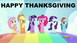 Size: 1280x720 | Tagged: safe, edit, edited screencap, imported from derpibooru, screencap, applejack, fluttershy, pinkie pie, rainbow dash, rarity, twilight sparkle, alicorn, all bottled up, best friends until the end of time, holiday, mane six, rainbow, thanksgiving, twilight sparkle (alicorn)
