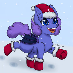 Size: 1280x1280 | Tagged: safe, artist:zackwhitefang, imported from derpibooru, oc, oc only, oc:april, oc:april rain, bat pony, pony, bat pony oc, christmas, clothes, cute, digital art, female, holiday, mare, open mouth, snow, socks, solo, tail, wings