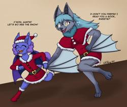 Size: 1280x1073 | Tagged: safe, artist:zackwhitefang, imported from derpibooru, oc, oc only, oc:april, oc:april rain, anthro, bat, bat pony, arm wings, aunt and niece, bat pony oc, christmas, clothes, cute, digital art, duo, eyes closed, female, furry, furry oc, happy, holiday, open mouth, socks, tail, wings