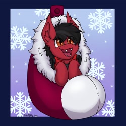 Size: 3072x3072 | Tagged: safe, artist:zackwhitefang, imported from derpibooru, oc, oc only, bat pony, pony, bat pony oc, chibi, christmas, clothes, commission, cute, cute little fangs, digital art, fangs, high res, holiday, open mouth, snow, snowflake, socks, solo, ych result