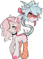 Size: 706x959 | Tagged: safe, artist:deviiel, imported from derpibooru, oc, oc only, chimera, pony, unicorn, :p, choker, clothes, deviantart watermark, female, glasses, obtrusive watermark, simple background, socks, solo, tongue out, transparent background, watermark