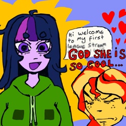 Size: 1493x1493 | Tagged: safe, artist:cutegargoyle, imported from derpibooru, sunset shimmer, twilight sparkle, equestria girls, beanbrows, clothes, duo, eyebrows, eyebrows visible through hair, faic, female, gamer twi, heart, hoodie, speech bubble, streaming