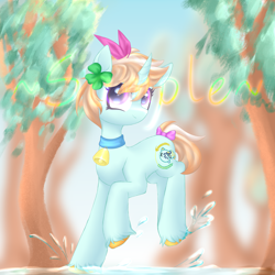 Size: 3000x3000 | Tagged: artist needed, source needed, safe, imported from derpibooru, oc, oc only, oc:p.p.a, pony, unicorn, bell, bell collar, bow, collar, cute, cutie mark, happy, high res, smiling, solo, tail, tail bow, unshorn fetlocks, water