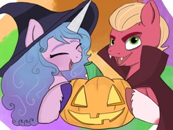 Size: 640x480 | Tagged: safe, artist:beckydoki, imported from derpibooru, izzy moonbow, sprout cloverleaf, earth pony, pony, unicorn, clothes, coat markings, costume, eyes closed, female, g5, halloween, halloween costume, hat, holiday, izzysprout, jack-o-lantern, male, my little pony: a new generation, open mouth, pumpkin, shipping, socks (coat markings), stallion, straight, vampire costume, witch hat