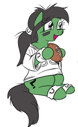 Size: 462x743 | Tagged: safe, artist:jargon scott, imported from derpibooru, oc, oc only, oc:anon-mare, earth pony, pony, american football, clothes, female, jersey, mare, open mouth, open smile, simple background, sitting, smiling, solo, sports, sweatband, white background