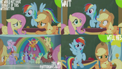 Size: 1280x720 | Tagged: safe, edit, edited screencap, editor:quoterific, imported from derpibooru, screencap, applejack, auburn vision, citrine spark, fire quacker, fluttershy, gallus, huckleberry, november rain, ocellus, rainbow dash, sandbar, silverstream, smolder, yona, changeling, dragon, earth pony, griffon, hippogriff, pegasus, pony, yak, teacher of the month (episode), spoiler:interseason shorts, apple, applejack's hat, balloon, blushing, chalkboard, cowboy hat, female, flying, food, friendship student, hat, male, mare, open mouth, open smile, shrunken pupils, smiling, spread wings, stallion, student six, wings