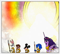 Size: 1280x1153 | Tagged: safe, artist:j-mantheangel, imported from derpibooru, twilight sparkle, alicorn, anthro, human, the last problem, angel, armor, bible, bugs bunny, crossover, heaven, mario, mickey mouse, nintendo, older, older twilight, older twilight sparkle (alicorn), princess twilight 2.0, rainbow, sega, solo, sonic the hedgehog (series), super mario bros., throne, twilight sparkle (alicorn)