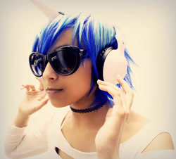 Size: 2573x2330 | Tagged: safe, artist:awesome-vivi, imported from derpibooru, dj pon-3, vinyl scratch, human, clothes, cosplay, costume, headphones, high res, irl, irl human, photo, sunglasses