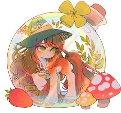 Size: 750x700 | Tagged: safe, artist:deviiel, imported from derpibooru, oc, oc only, earth pony, pony, bottle, clover, cork, female, flower, food, hat, leaves, mare, mushroom, simple background, solo, strawberry, transparent background, unshorn fetlocks, witch hat