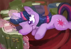 Size: 1300x899 | Tagged: safe, artist:cutegargoyle, imported from derpibooru, twilight sparkle, pony, unicorn, pinkie apple pie, book, lying down, magic, prone, reading, scene interpretation, smiling, solo, telekinesis, unicorn twilight