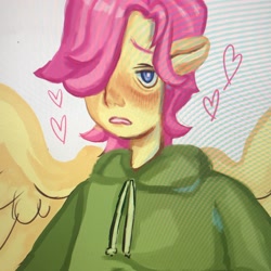 Size: 2048x2048 | Tagged: safe, artist:cutegargoyle, imported from derpibooru, fluttershy, equestria girls, clothes, eared humanization, gender headcanon, heart, high res, hoodie, humanized, lidded eyes, male, photo, picture of a screen, solo, trans male, transgender, winged humanization, wings