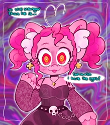 Size: 1798x2048 | Tagged: safe, artist:alexbeeza, imported from derpibooru, pinkie pie, anthro, earth pony, arm hooves, arm warmers, belt, breasts, cleavage, clothes, cosplay, costume, crossover, death note, dialogue, dress, ear fluff, ear piercing, earring, jewelry, misa amane, open mouth, open smile, piercing, pigtails, smiling, solo, speech bubble