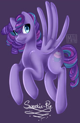 Size: 1550x2370 | Tagged: safe, artist:thepurpah, imported from derpibooru, oc, oc only, oc:sweetie pie, pegasus, pony, pegasus oc, purple background, simple background, solo, wings