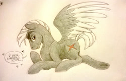Size: 1365x872 | Tagged: safe, artist:thepurpah, imported from derpibooru, oc, oc only, oc:stormtrotter, pegasus, pony, bedroom eyes, colored wings, male, pegasus oc, smiling, stallion, talking, traditional art, two toned wings, underhoof, wings