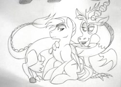 Size: 1366x985 | Tagged: safe, artist:thepurpah, imported from derpibooru, discord, oc, oc:stormtrotter, draconequus, pegasus, pony, duo, frown, lineart, male, pegasus oc, smiling, stallion, traditional art, wings