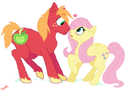 Size: 800x587 | Tagged: safe, artist:starcutx, color edit, edit, imported from derpibooru, big macintosh, fluttershy, boop, colored, female, floating heart, fluttermac, heart, male, shipping, simple background, straight, unshorn fetlocks, white background