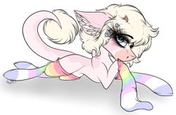 Size: 3514x2302 | Tagged: safe, artist:beamybutt, imported from derpibooru, oc, oc only, earth pony, pony, clothes, ear fluff, earth pony oc, eyelashes, female, high res, lying down, mare, prone, rainbow socks, simple background, socks, solo, striped socks, transparent background