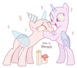 Size: 1344x1181 | Tagged: safe, artist:klewgcg, imported from derpibooru, oc, oc only, alicorn, pony, alicorn oc, bald, base, bipedal, cheek squish, confetti, duo, eyelashes, female, hat, horn, mare, party hat, present, simple background, smiling, squishy cheeks, transparent background, wings