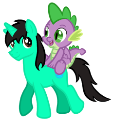 Size: 620x668 | Tagged: safe, artist:wavebreeze234, imported from derpibooru, spike, oc, oc:wave breeze, dragon, pony, unicorn, dragons riding ponies, horn, male, riding, simple background, stallion, transparent background, unicorn oc, wings