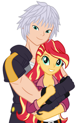 Size: 932x1450 | Tagged: safe, artist:wavebreeze234, imported from derpibooru, sunset shimmer, human, equestria girls, alternate hairstyle, clothes, crossover, female, grin, hug, hug from behind, kingdom hearts, male, riku, simple background, smiling, straight, transparent background