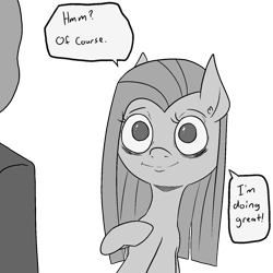 Size: 1414x1414 | Tagged: safe, artist:happy harvey, imported from derpibooru, pinkie pie, oc, oc:anon, pony, bags under eyes, blatant lies, dialogue, drawthread, ear fluff, lies, monochrome, phone drawing, pinkamena diane pie, pointing at self, ponified, raised hoof, simple background, tired, transparent background