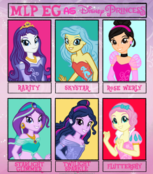 Size: 832x950 | Tagged: safe, artist:wavebreeze234, imported from derpibooru, fluttershy, princess skystar, rarity, starlight glimmer, twilight sparkle, oc, human, mermaid, six fanarts, equestria girls, my little pony: the movie, aladdin, ariel, bare shoulders, beauty and the beast, belle, choker, cinderella, clothes, clothes swap, crossover, crown, dress, female, jewelry, princess, princess belle, princess jasmine, regalia, smiling, snow white, snow white and the seven dwarfs, strapless, the little mermaid, tiara