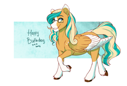 Size: 2673x1821 | Tagged: safe, artist:royvdhel-art, imported from derpibooru, oc, oc only, pegasus, pony, coat markings, colored wings, glasses, happy birthday, pegasus oc, socks (coat markings), two toned wings, wings