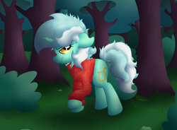 Size: 4706x3455 | Tagged: safe, artist:background basset, imported from derpibooru, lyra heartstrings, pony, unicorn, clothes, forest, hoodie, sad, solo