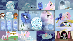 Size: 1280x720 | Tagged: safe, artist:sillyfillystudios, editor:quoterific, imported from derpibooru, fleur-de-lis, princess celestia, princess luna, roseluck, oc, oc:snowdrop, alicorn, earth pony, pegasus, pony, squirrel, snowdrop (animation), colt, crown, female, filly, floppy ears, jewelry, male, mare, mouth hold, open mouth, open smile, pink-mane celestia, regalia, s1 luna, smiling