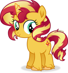 Size: 5623x6084 | Tagged: safe, artist:cirillaq, imported from derpibooru, sunset shimmer, pony, unicorn, equestria girls, absurd resolution, cute, female, filly, filly sunset shimmer, foal, full body, horn, shadow, shimmerbetes, simple background, smiling, solo, standing, tail, transparent background, two toned mane, two toned tail, unshorn fetlocks, vector, younger