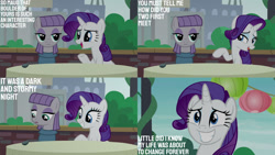 Size: 1280x720 | Tagged: safe, edit, edited screencap, editor:quoterific, imported from derpibooru, screencap, maud pie, rarity, earth pony, pony, unicorn, season 6, the gift of the maud pie, female, grin, mare, nervous, nervous grin, open mouth, open smile, smiling