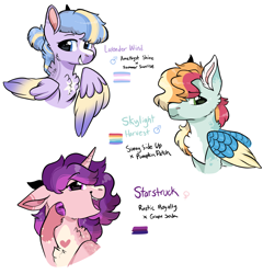 Size: 2436x2533 | Tagged: safe, artist:moccabliss, imported from derpibooru, oc, oc only, oc:lavender wind, oc:skylight harvest, oc:starstruck, pegasus, pony, unicorn, bisexual pride flag, female, high res, mare, offspring, offspring's offspring, pride, pride flag, simple background, transgender pride flag, white background