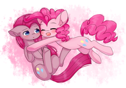 Size: 1000x700 | Tagged: safe, artist:dddreamdraw, imported from derpibooru, pinkie pie, earth pony, pony, abstract background, blushing, cute, diapinkes, duality, ear fluff, eyes closed, open mouth, pinkamena diane pie, self paradox, self ponidox, simple background, smiling, white background