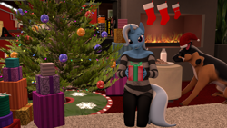 Size: 3840x2160 | Tagged: safe, artist:coolc, imported from derpibooru, trixie, anthro, dog, unicorn, 3d, christmas, christmas gift, christmas tree, clothes, cookie, eyelashes, female, food, high res, holiday, looking at you, ornament, pants, source filmmaker, sweater, tree