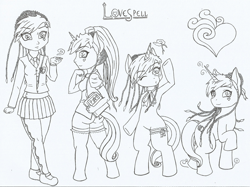 Size: 2198x1644 | Tagged: safe, artist:cavaleiroviking, imported from derpibooru, oc, oc only, anthro, human, pony, semi-anthro, unguligrade anthro, unicorn, anthro chart, anthro with ponies, ass, bipedal, book, braid, butt, clothes, female, garter, horn, line-up, monochrome, scarf, unicorn oc