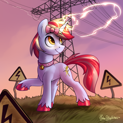 Size: 3000x3000 | Tagged: safe, artist:jedayskayvoker, imported from derpibooru, oc, oc only, oc:cinnamon lightning, pony, unicorn, bell, bell collar, bow, collar, electricity, fetlock tuft, hair bow, high res, horn, lightning, male, pet collar, power line, solo, stallion, unicorn oc