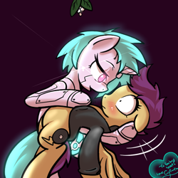 Size: 600x600 | Tagged: safe, artist:cytwex, imported from derpibooru, scootaloo, oc, pegasus, pony, robot, robot pony, unicorn, fanfic:pegasus device, fanfic:rainbow factory, absentia, absentia's cutie mark, artificial pony, black hoodie, blushing, clothes, evil scootaloo, factory scootaloo, fanfic art, female, floppy ears, frown, glowing, glowing eyes, glowing mane, glowing tail, holding, hoodie, hoof on chest, hoof on head, horn, lesbian, lidded eyes, looking at each other, looking at someone, oc name needed, open mouth, open smile, purple background, shipping, shocked, shocked expression, shrunken pupils, simple background, smiling, spread wings, tail, unicorn oc, wings