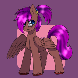 Size: 1440x1439 | Tagged: safe, artist:bluemoon, imported from derpibooru, oc, oc only, oc:bass string, pegasus, pony, chest fluff, dock, ear piercing, earring, eye clipping through hair, folded wings, glasses, jewelry, male, piercing, ponytail, raised tail, signature, smiling, smirk, solo, stallion, tail, unshorn fetlocks, wings