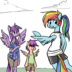 Size: 500x500 | Tagged: safe, artist:pandarainbow, imported from derpibooru, rainbow dash, scootaloo, twilight sparkle, alicorn, anthro, pegasus, unguligrade anthro, arm hooves, clothes, female, shorts, simple background, spread wings, trio, twilight sparkle (alicorn), white background, wings