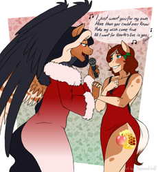 Size: 3400x3700 | Tagged: safe, artist:hasana-chan, imported from derpibooru, oc, oc only, oc:breaking dawn, oc:honeycrisp meadow, anthro, earth pony, pegasus, unguligrade anthro, all i want for christmas is you, anthro oc, christmas, clothes, commission, couple, digital art, dress, earth pony oc, female, gilf, hearth's warming eve, high res, holding hands, holiday, holly, lesbian, lesbian couple, looking at each other, looking at someone, mariah carey, microphone, milf, oc x oc, pegasus oc, shipping, side slit, singing