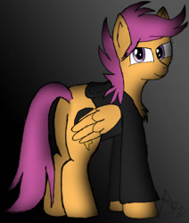 Size: 1280x1509 | Tagged: safe, artist:conmanwolf, imported from derpibooru, scootaloo, pegasus, pony, fanfic:pegasus device, fanfic:rainbow factory, absentia, absentia's cutie mark, black hoodie, butt, evil, evil grin, evil scootaloo, factory scootaloo, fanfic art, folded wings, gray background, grin, looking at you, looking back, looking back at you, older, older scootaloo, plot, signature, simple background, smiling, wings